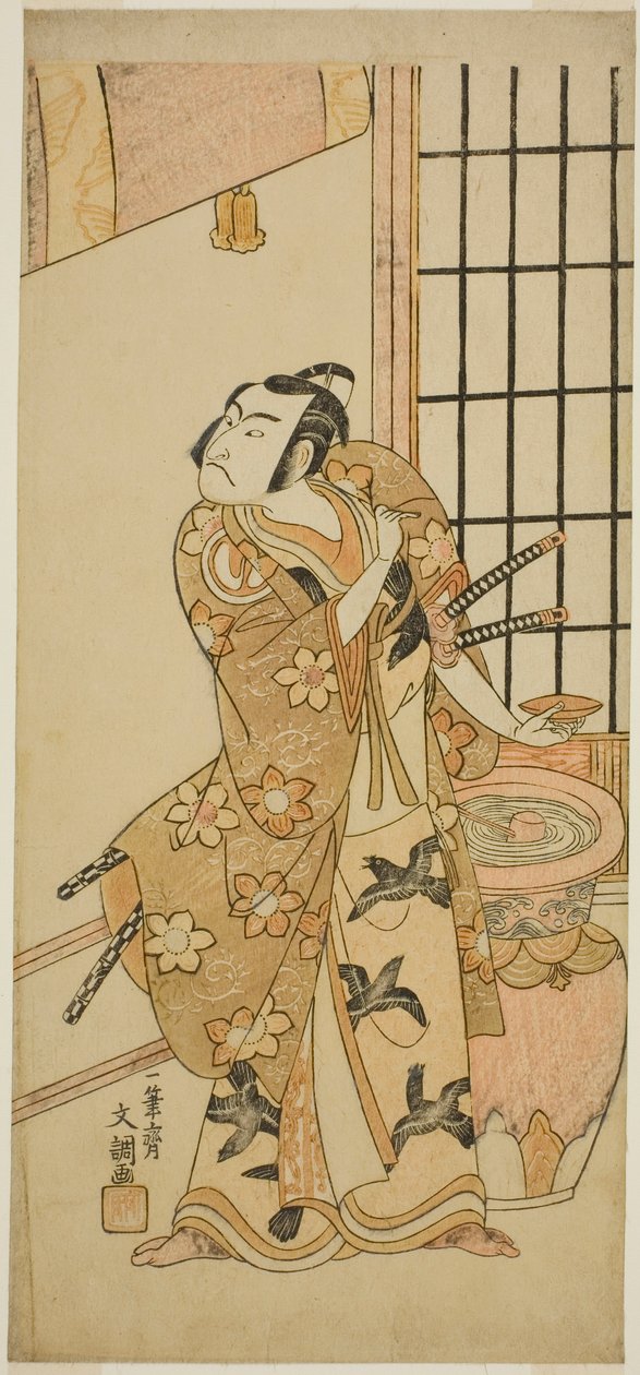 الممثل Sawamura Sojuro II بدور Kudo Suketsune (؟) في مسرحية Edo no Hana Wakayagi Soga (؟) ، تم عرضها في مسرح Ichimura (؟) في الشهر الثاني ، 1769 (؟) بواسطة إيبيتسوساي بانشو
