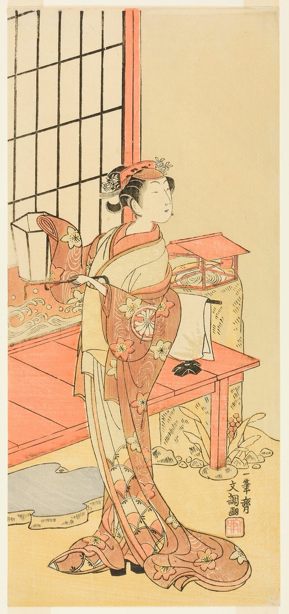 الممثل Segawa Kikunojo II ، من المحتمل أن تكون الأميرة Ayaori في مسرحية Ima o Sakari Suehiro Genji (The Genji Clan Now at its Zenith) ، تم تقديمه في مسرح ناكامورا من اليوم الأول من الشهر الحادي عشر ، 1768 بواسطة إيبيتسوساي بانشو