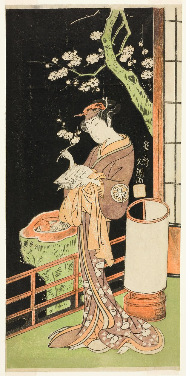 الممثل سيغاوا كيكونوجو الثاني في دور Oiso no Tora في مسرحية Soga Moyo Aigo no Wakamatsu ، تم تقديمه في مسرح ناكامورا في الشهر الأول ، 1769 بواسطة إيبيتسوساي بانشو