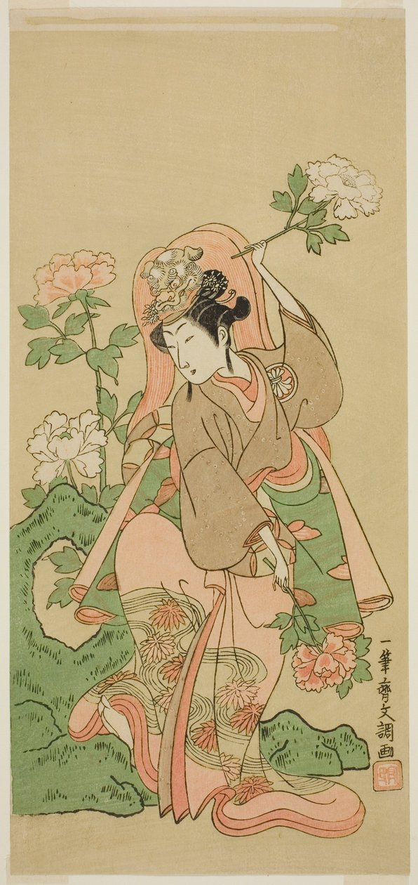 الممثل Segawa Kikunojo II في Shakkyo Dance في مسرحية Soga Moyo Aigo no Wakamatsu ، تم تقديمه في مسرح ناكامورا في الشهر الثاني ، 1769 بواسطة إيبيتسوساي بانشو