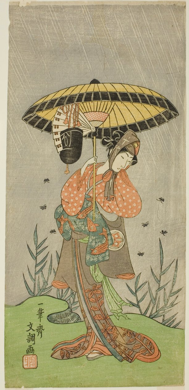 الممثل Yamashita Kinsaku II بدور Nijo no Kisaki (؟) في مسرحية Natsu Matsuri Naniwa Kagami (؟) ، تم أداؤه في مسرح Morita (؟) في الشهر السابع ، 1770 (؟) بواسطة إيبيتسوساي بانشو
