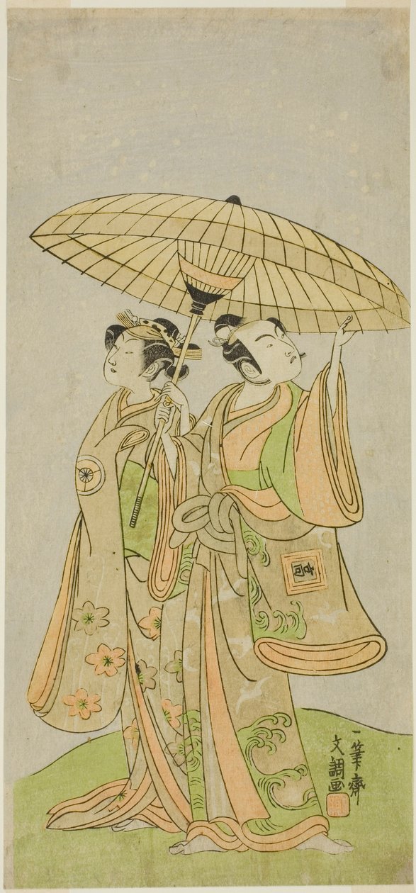 الممثلان Ichikawa Komazo II في دور Chunagon Yukihira (يمين) ، و Iwai Hanshiro IV في دور Murasame (يسار) ، في مسرحية Kuni no Hana Ono no Itsumoji ، تم عرضها في مسرح ناكامورا في الشهر الحادي عشر ، 1771 بواسطة إيبيتسوساي بانشو