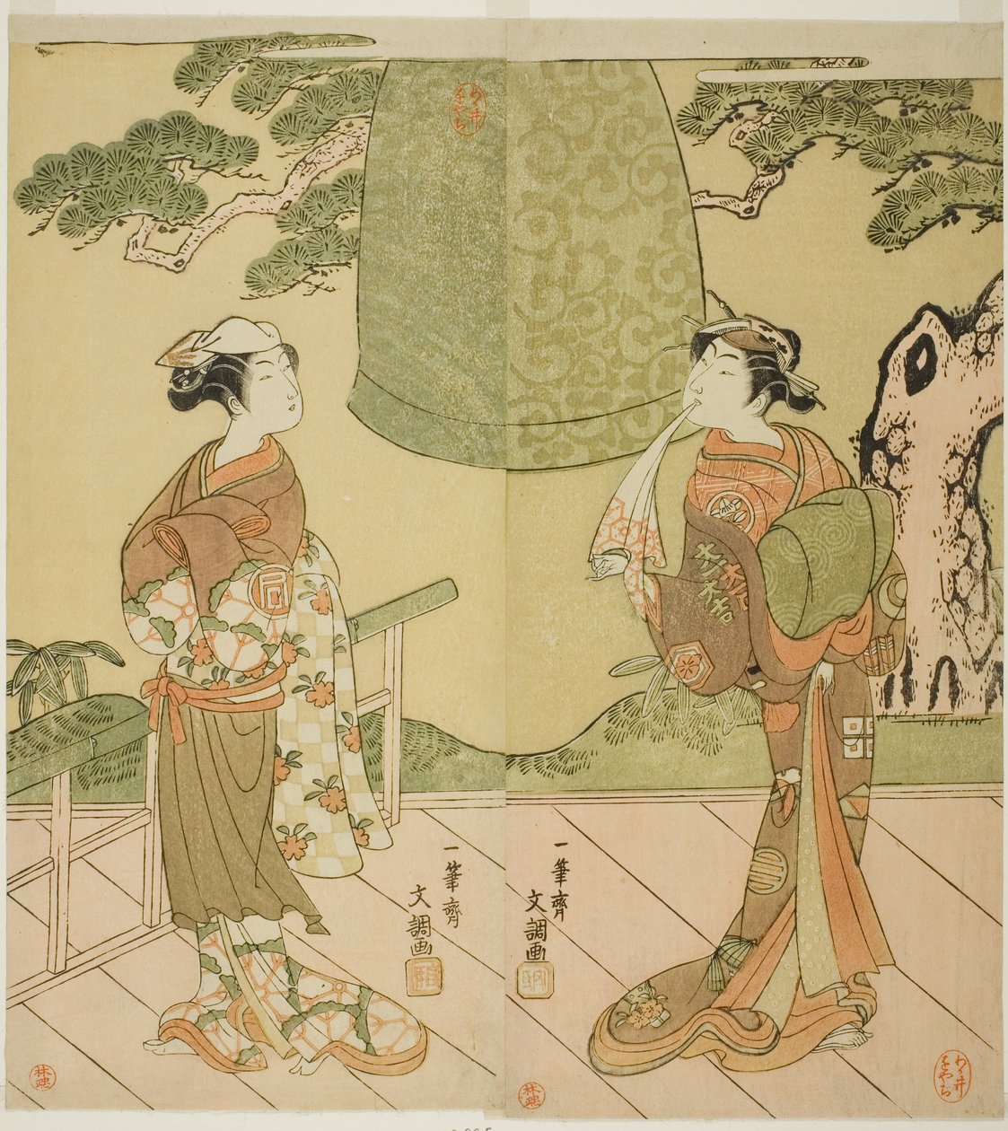 الممثلان Ichimura Uzaemon IX في دور Shume no Hangan Morihisa (يمين) ، و Sanogawa Ichimatsu II في دور Chujo (يسار) ، في مسرحية Edo no Hana Wakayagi Soga ، تم عرضها في مسرح Ichimura في الشهر الثاني ، 1769 بواسطة إيبيتسوساي بانشو