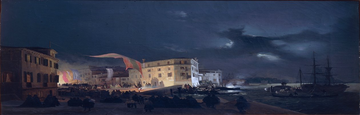 Italy, Night Festival in San Pietro di Castello, an island in Venice Lagoon by Ippolito Caffi, oil on canvas, بواسطة إيبوليتو كافي