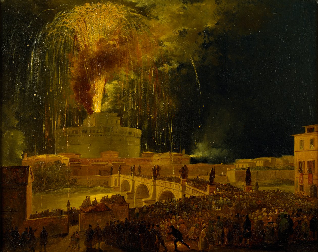لا غيراندولا: الألعاب النارية في قلعة سانت أنجيلو في روما ، 1830. بواسطة إيبوليتو كافي