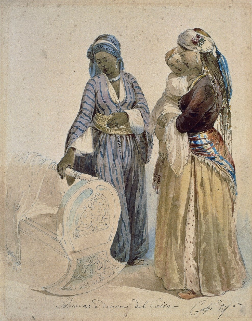 عبدة وامرأة من القاهرة ، رسم بالألوان المائية لإيبوليتو كافي (1809-1866) بواسطة إيبوليتو كافي
