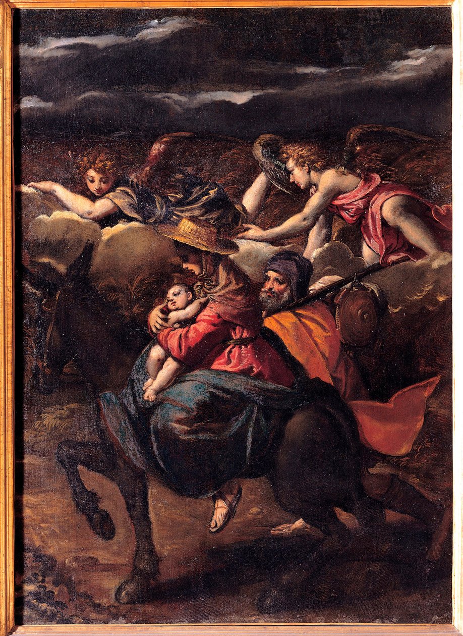 La fuite en Egypte - الرحلة إلى مصر - رسم إيبوليتو سكارسيلينو (سكارسيلا) (1551-1620) ، ألوان زيتية على قماش ، 1585 (101 × 73 سم) - متحف كابيتوليني ، روما بواسطة إيبوليتو سكارسيلا