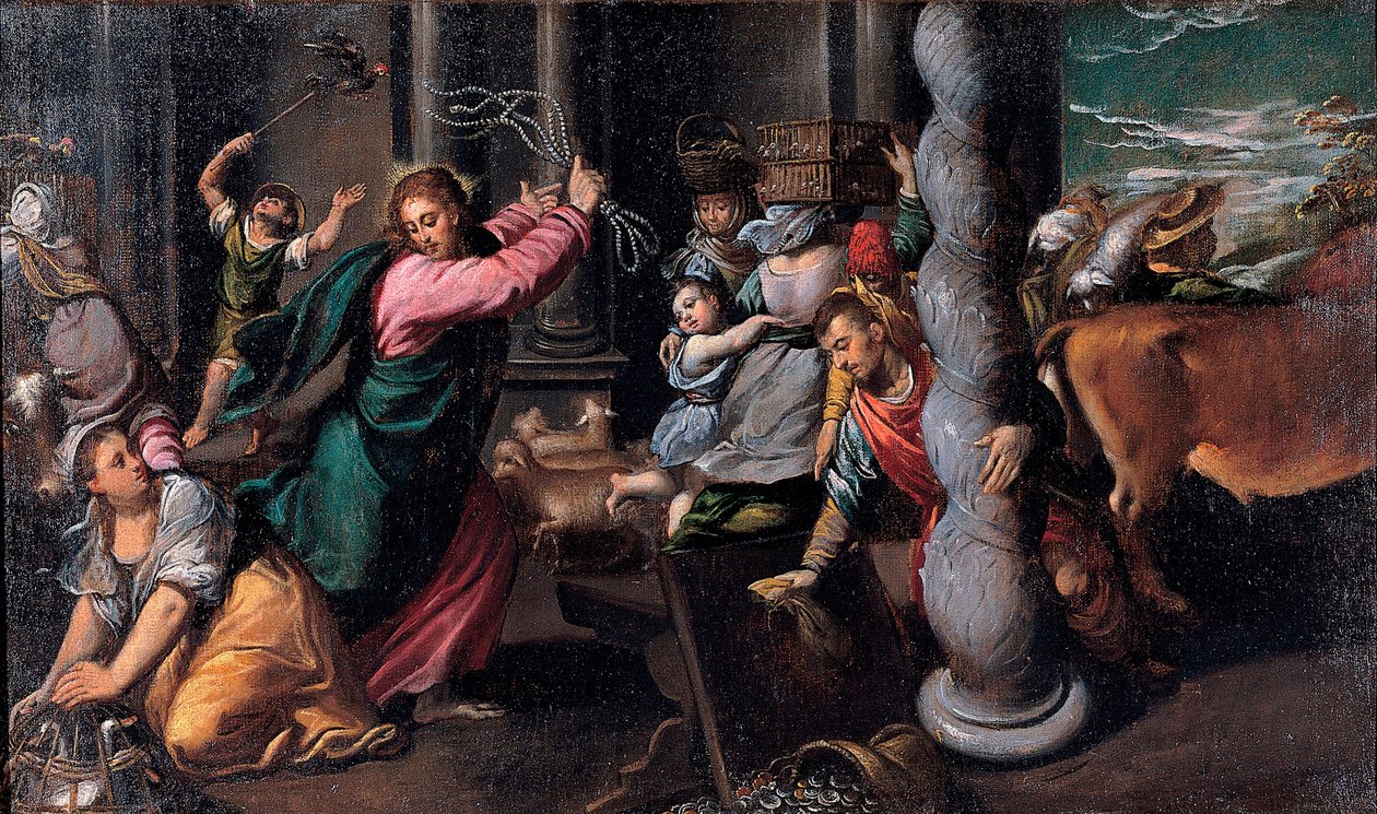Le Christ chassant les marchands du Temple - المسيح يقود مقرضي الأموال من المعبد - رسم إيبوليتو سكارسلينو (سكارسيلا) (1551-1620) ، زيت على قماش 1580-1585 (68x116 سم) - متحف كابيتوليني ، روما بواسطة إيبوليتو سكارسيلا