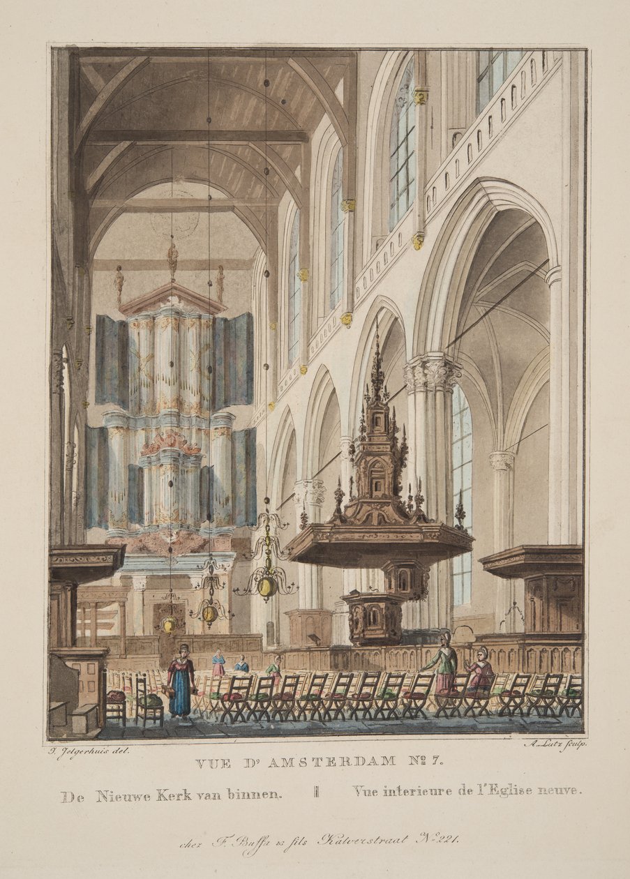 Vue d&39;Amsterdam رقم 7. الكنيسة الجديدة في الداخل. Vue interieure de l&39;Eglise neuve، 1825 (نقش يدوي) بواسطة ايرا دايموند جيرالد كاسيدي