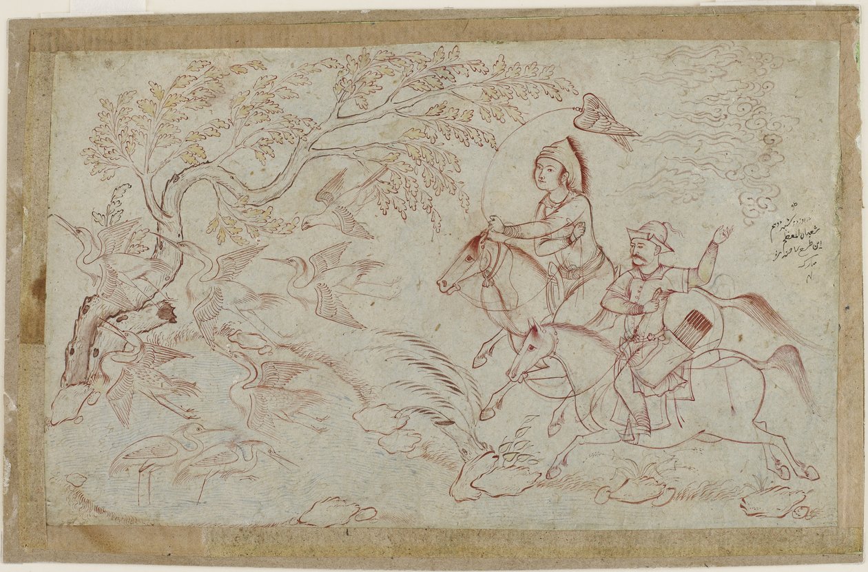 اثنين من الفرسان يصطادون الصقور ، 1640s بواسطة المدرسة الإيرانية