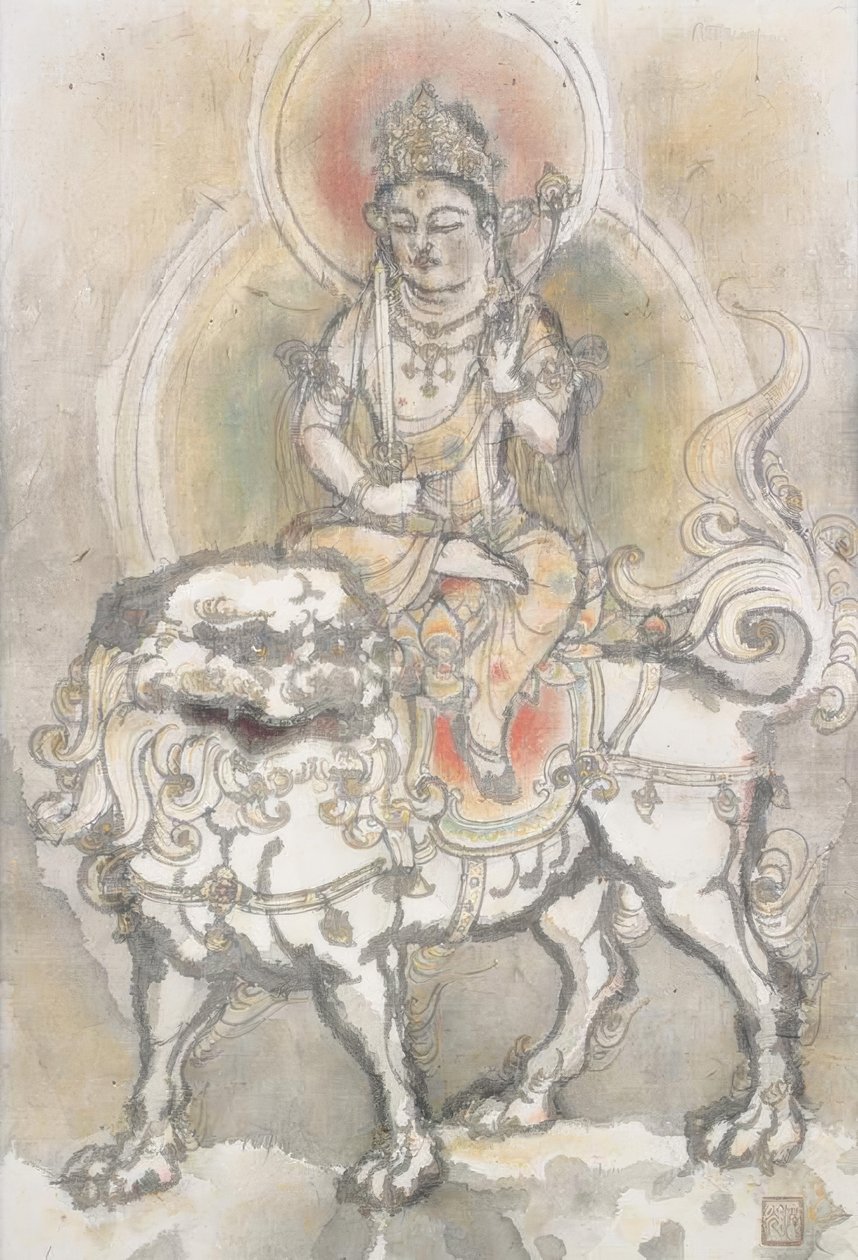Irie Hako ، Manjushri يجلس على أسد بواسطة Irie Hako
