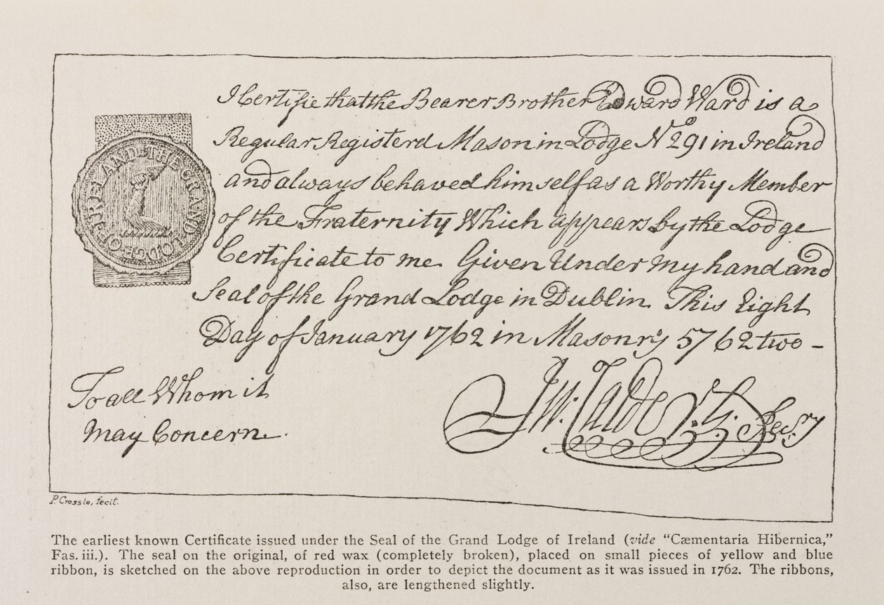 الفاكس لأقدم شهادة معروفة صادرة بموجب ختم Grand Lodge of Ireland بتاريخ 1762 بواسطة المدرسة الايرلندية