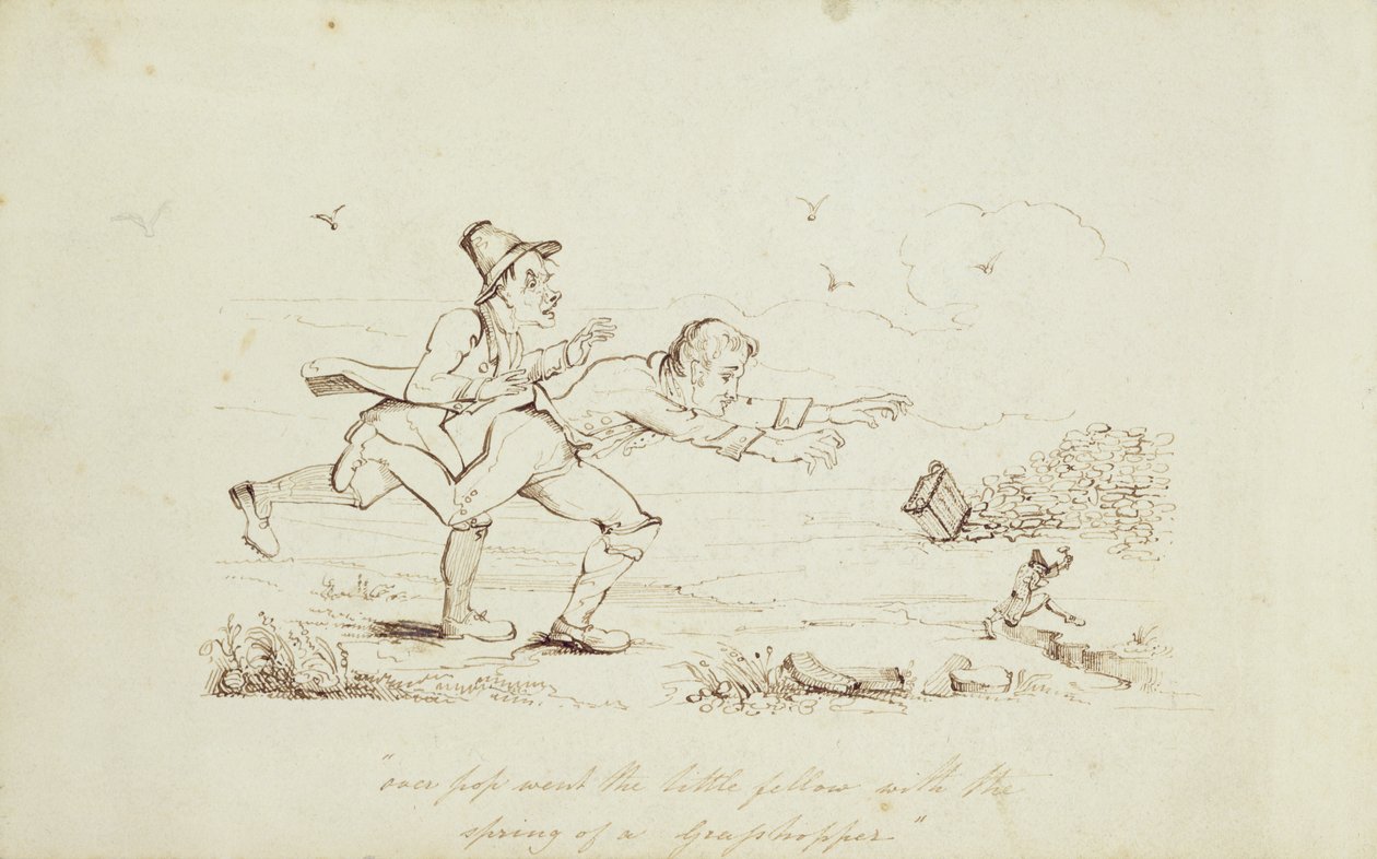 أكثر من Pop Went the Little Fellow with Spring of a Grasshopper ، رسم توضيحي للكتاب يظهر اثنين من الإيرلنديين يطاردون الجني ، القرن التاسع عشر (قلم وحبر على ورق) بواسطة المدرسة الايرلندية