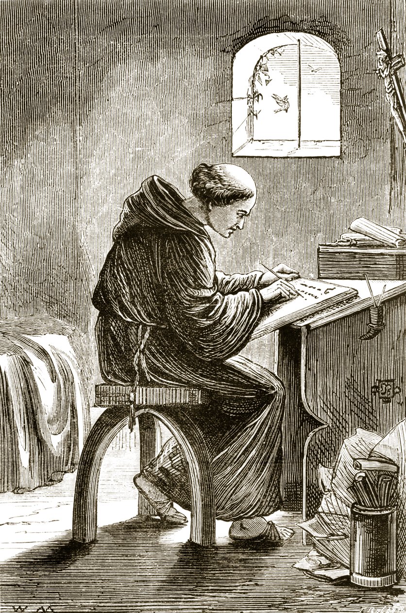 كتابة القديس فنسنت في زنزانته في فيرينز ، من The Trias Thaumaturga ، أو ثلاثة قديسين عجائب في أيرلندا ، بقلم ماري كوساك (1829-1899) المنشورة c.1890s بواسطة المدرسة الايرلندية