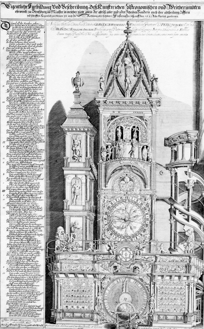 الساعة الفلكية في كاتدرائية ستراسبورغ ، 1621 (النقش والطباعة) بواسطة فرانز إسحاق برون