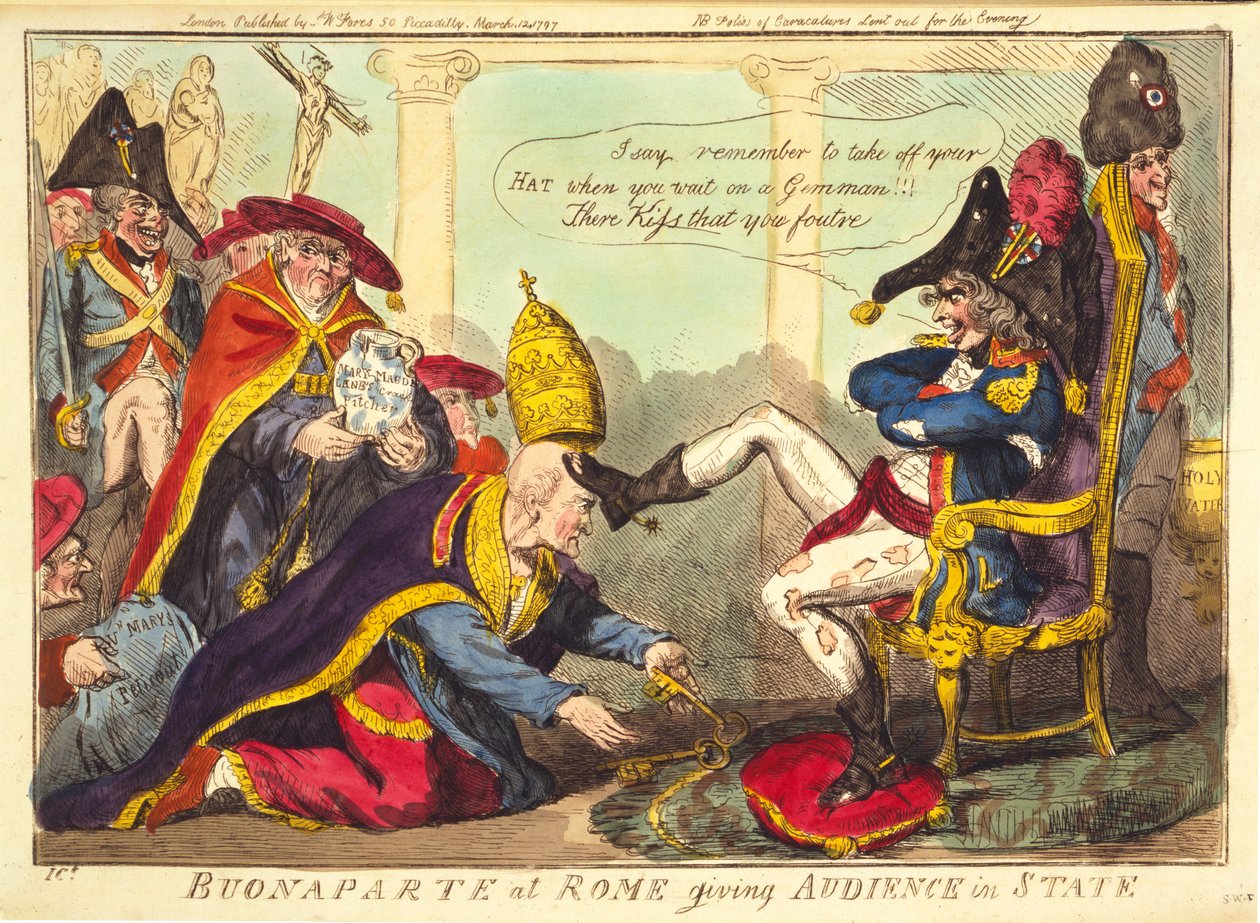 Buonaparte في روما إعطاء جمهور في الدولة ، حانة. 1797 (نقش يدوي) بواسطة إسحاق كروكشانك
