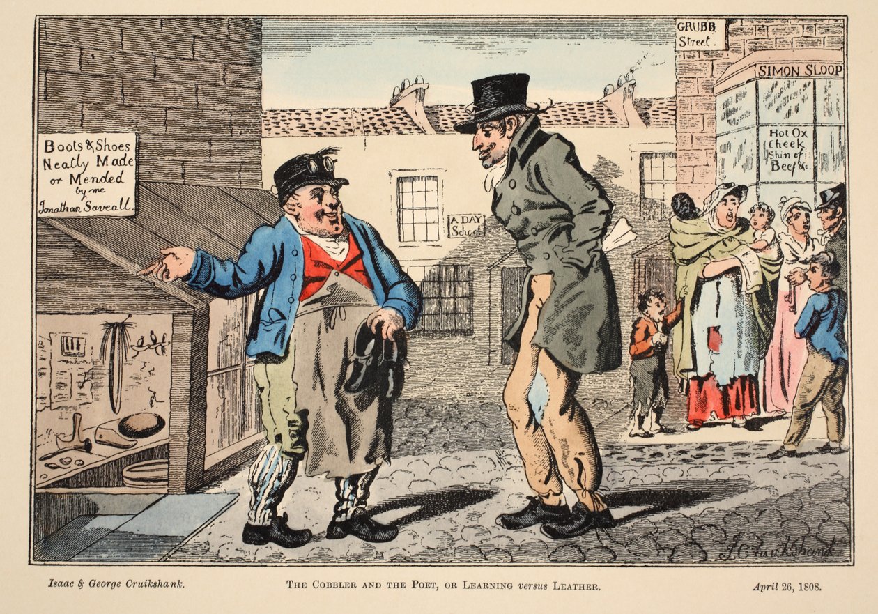 الإسكافي والشاعر ، أو التعلم مقابل الجلد ، 1808 (نقش يدوي) بواسطة إسحاق وروبرت وجورج كروكشانك