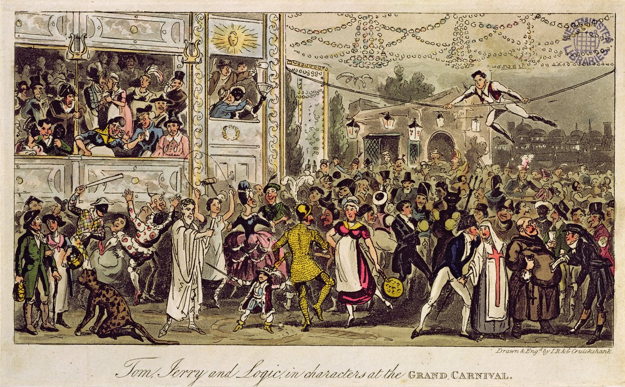 توم وجيري ولوجيك في الشخصيات في الكرنفال الكبير ، من "الحياة في لندن" بقلم بيرس إيجان ، 1821 (ألوان مائية) بواسطة إسحاق وروبرت وجورج كروكشانك