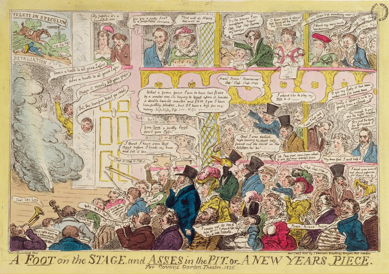 قدم على المسرح والحمير في الحفرة ، أو قطعة رأس السنة الجديدة لمسرح كوفنت غاردن ، 1825 ، حانة. بواسطة جيه فيربورن ، 9 يناير 1825 (النقش الملون) بواسطة إسحاق روبرت كروكشانك