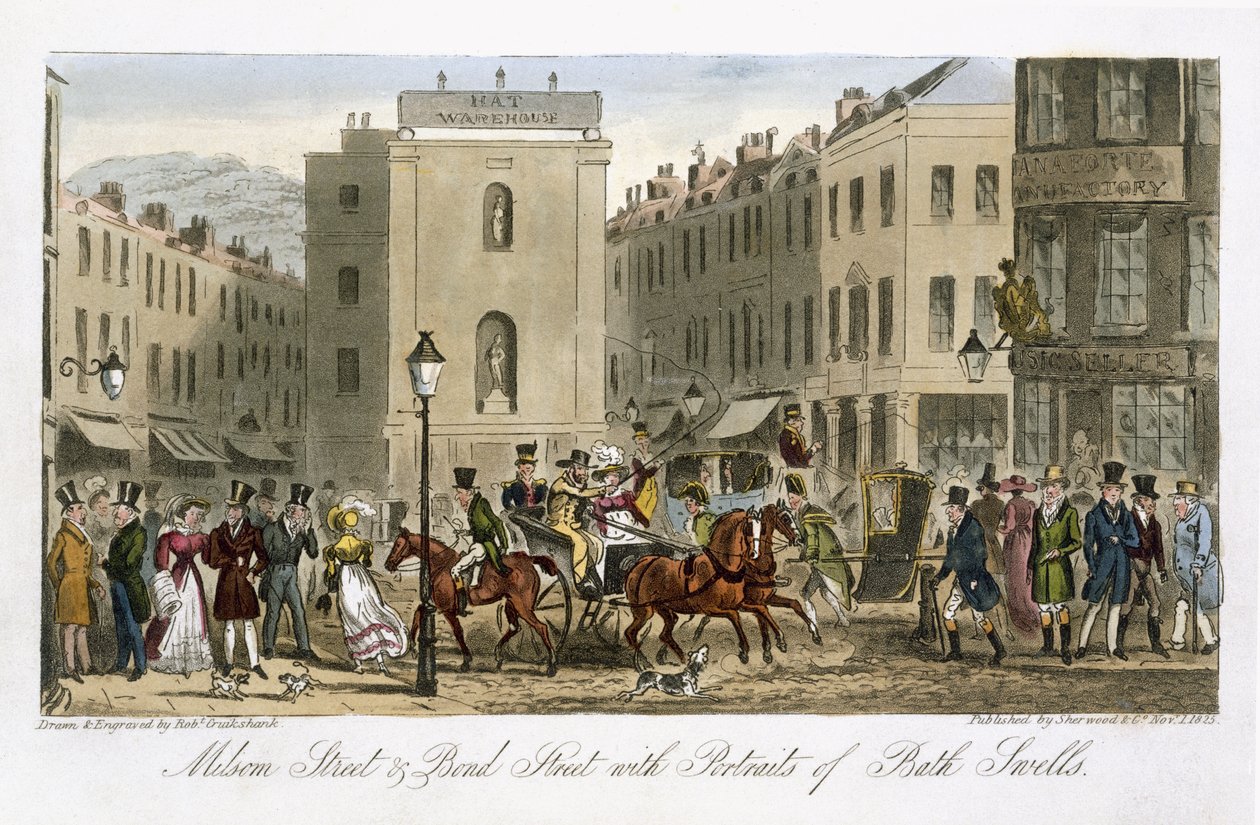 Milsom Street und Bond Street with Portraits of Bath Swells ، من "The English Spy" ، بقلم تشارلز مولوي ويستماكوت (1788-1868) نشر لندن ، 1825 بواسطة إسحاق روبرت كروكشانك
