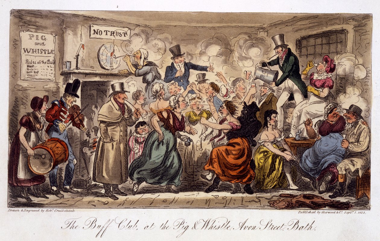 The Buff Club at the Pig and Whistle، Avon Street، Bath، from The English Spy، pub. لندن ، 1825 (ألوان مائية يدوية) بواسطة إسحاق روبرت كروكشانك