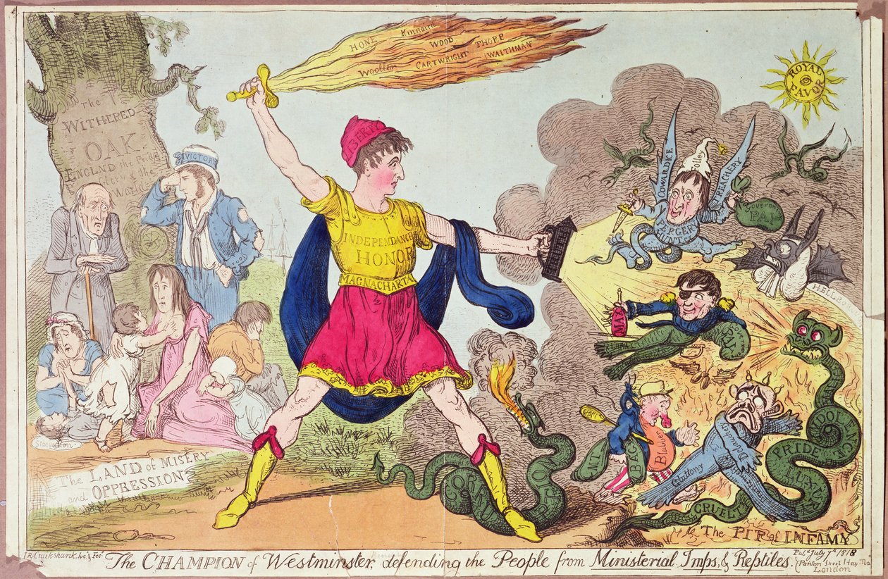 بطل وستمنستر ، الدفاع عن الشعب من العفاريت والزواحف ، 1818 (النقش الملون) بواسطة إسحاق روبرت كروكشانك