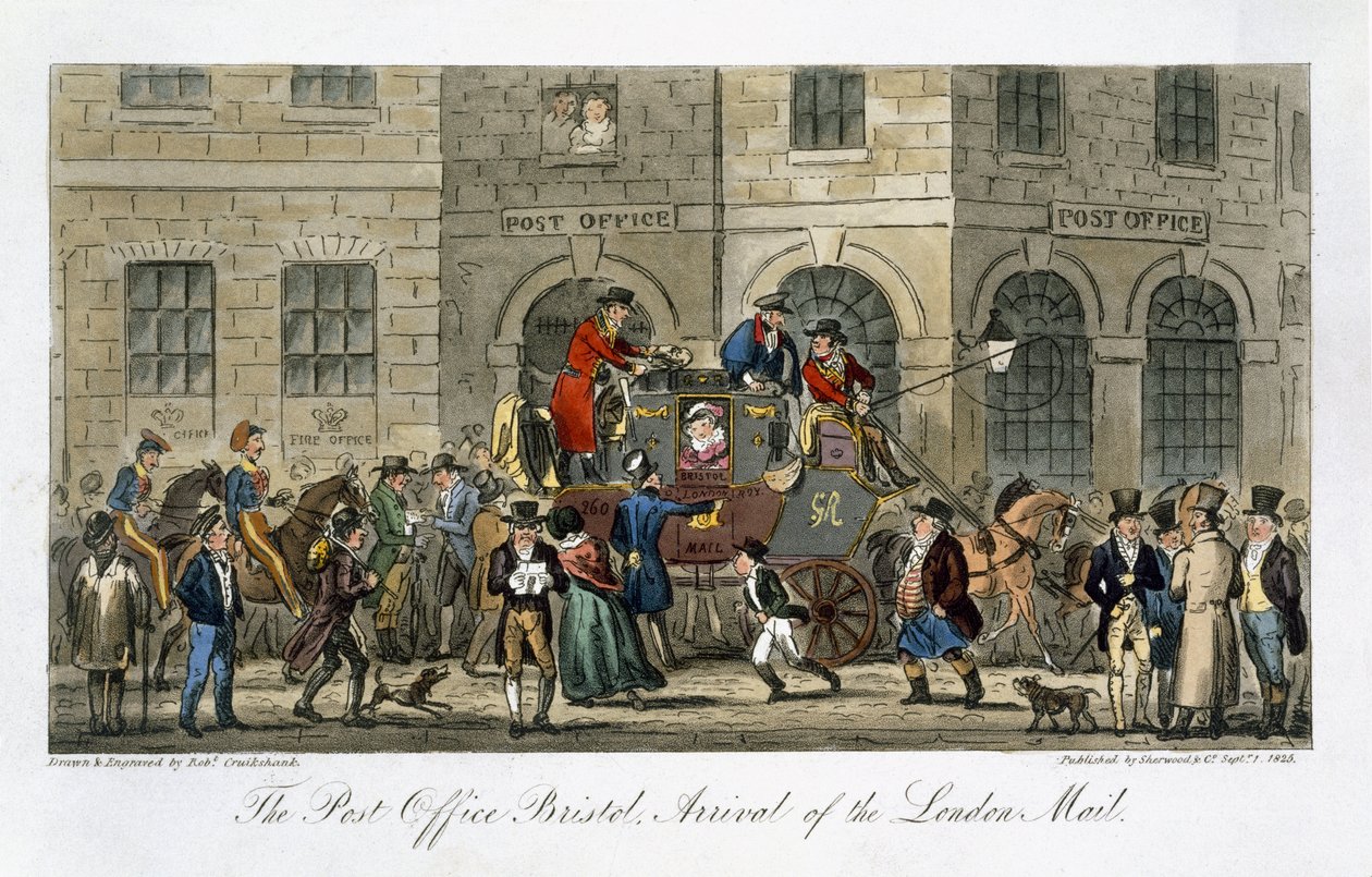 The Post Office Bristol ، وصول بريد لندن ، من "الجاسوس الإنجليزي" ، بقلم تشارلز مولوي ويستماكوت (1788-1868) نشر لندن ، 1825 بواسطة إسحاق روبرت كروكشانك