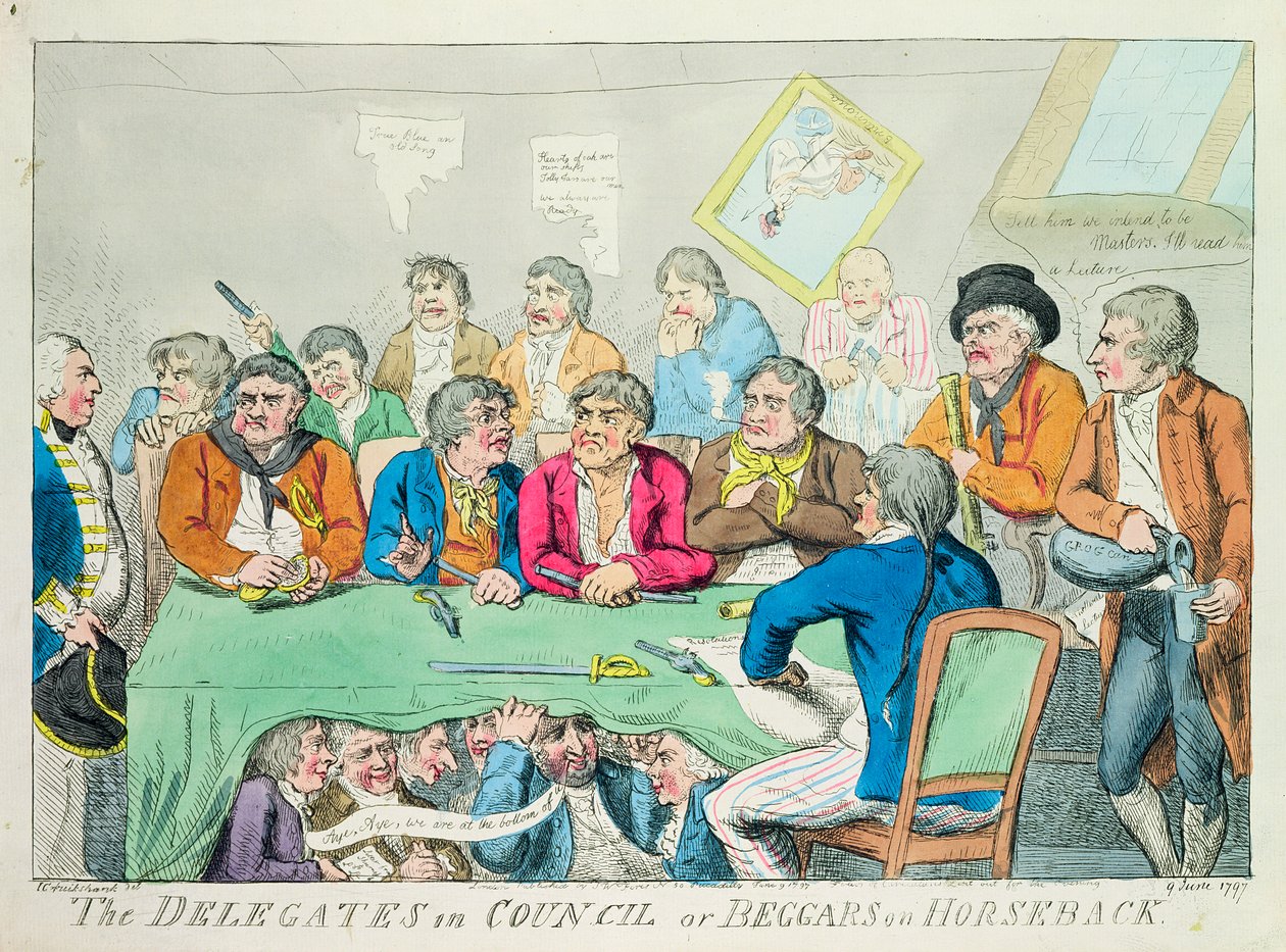المندوبون في المجلس أو المتسولون على ظهور الخيل ، 1797 (النقش الملون) بواسطة إسحاق روبرت كروكشانك