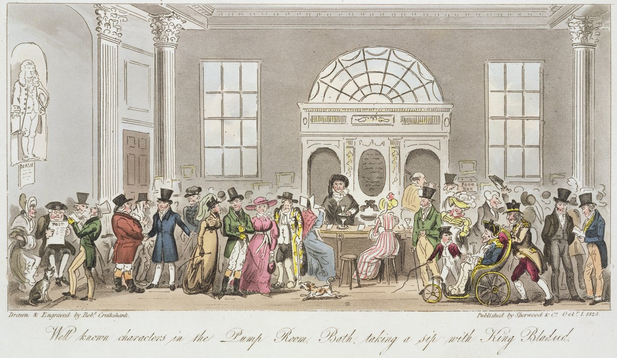 شخصيات معروفة في غرفة المضخة ، حمام ، أخذ رشفة مع الملك Bladud ، مطبوعة نشرتها Sherwood und Co ، 1825 بواسطة إسحاق روبرت كروكشانك