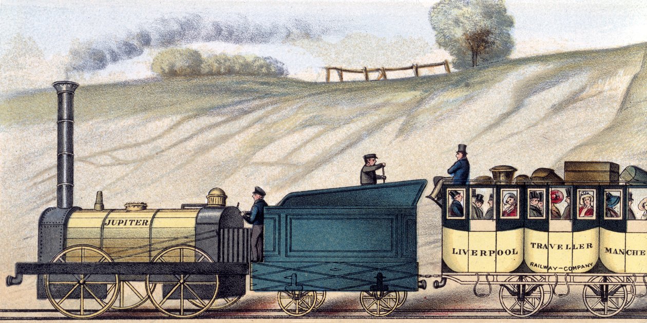 السفر على سكة حديد ليفربول ومانشستر ، تفاصيل قاطرة "جوبيتر" ، نقشها S.G. Hughes ، حوالي 1831 (لون ليثو) بواسطة إسحاق (بعد) شو