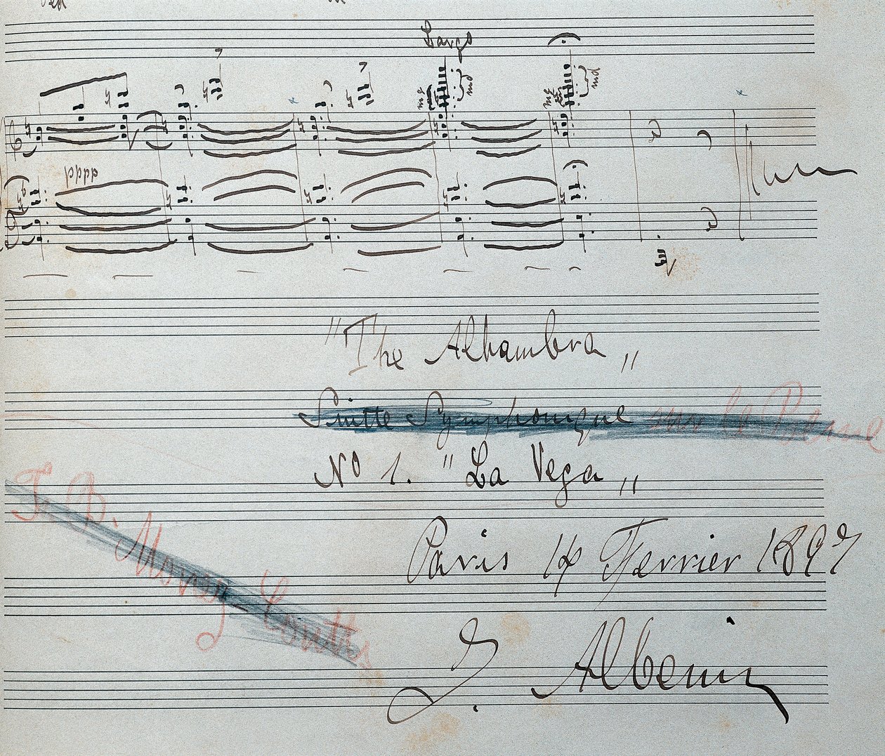 النوتة الموسيقية لجناح البيانو "La Vega" مع توقيعه من قبل Isaac Albeniz (1860-1909) ، الملحن وعازف البيانو الإسباني. تاريخ المخطوطة ١٤ فبراير ١٨٩٧. مكتبة كاتالونيا الوطنية. بواسطة اسحق البينيز
