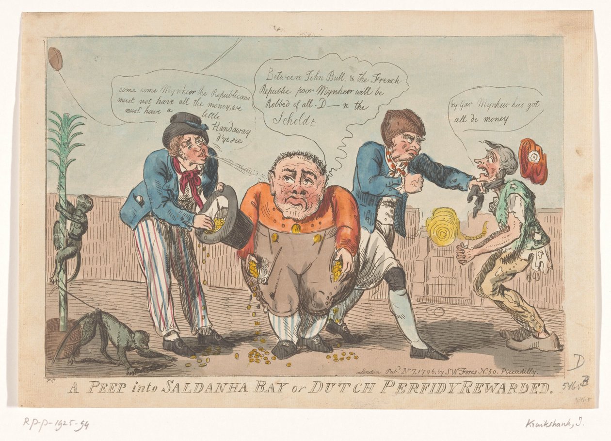 رسم كاريكاتوري عن استسلام أسطول باتافيان في خليج سالدانها ، 1796 زقزقة في خليج Saldanha أو مكافأة الغدر الهولندي (العنوان على الكائن) بواسطة إسحاق كروكشانك