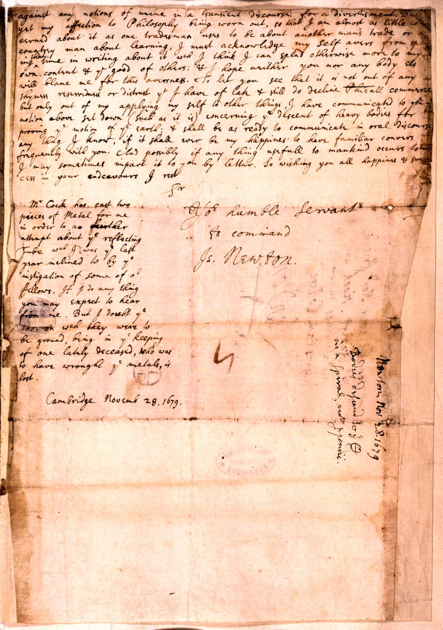 رسالة كتبها إسحاق نيوتن ، 28 نوفمبر 1679 بواسطة إسحاق نيوتن