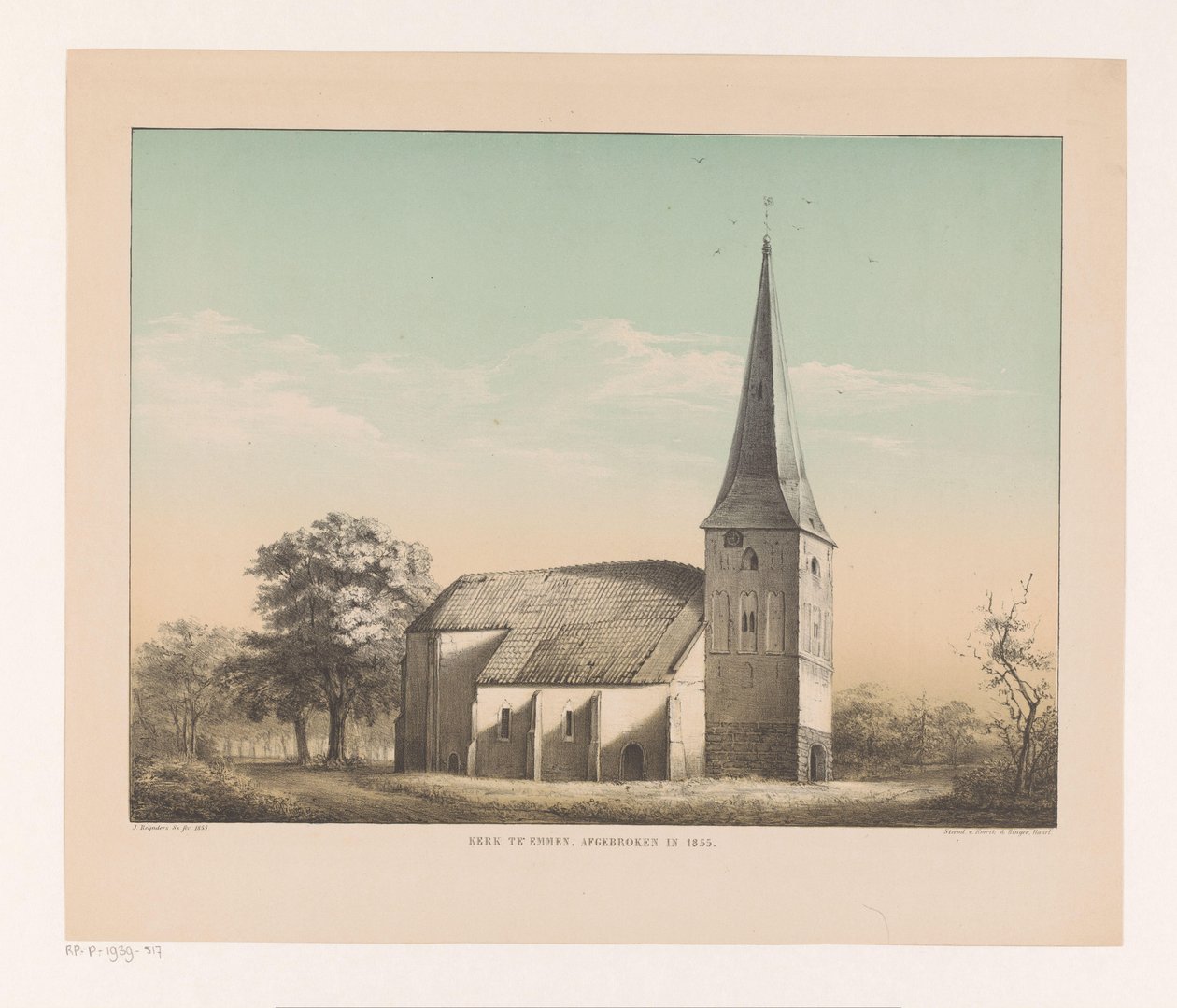 منظر للكنيسة في إمين الكنيسة في إمين ، هُدمت عام 1855 (العنوان على القطعة) بواسطة إسحاق ريجنديرز س.