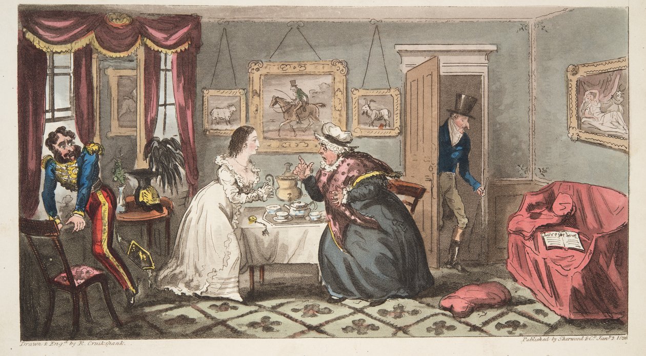 A Bath Beau and Frail Belle أو Mr B. and Miss L.، من The English Spy، pub. 1824 (نقش يدوي) بواسطة إسحاق روبرت كروكشانك