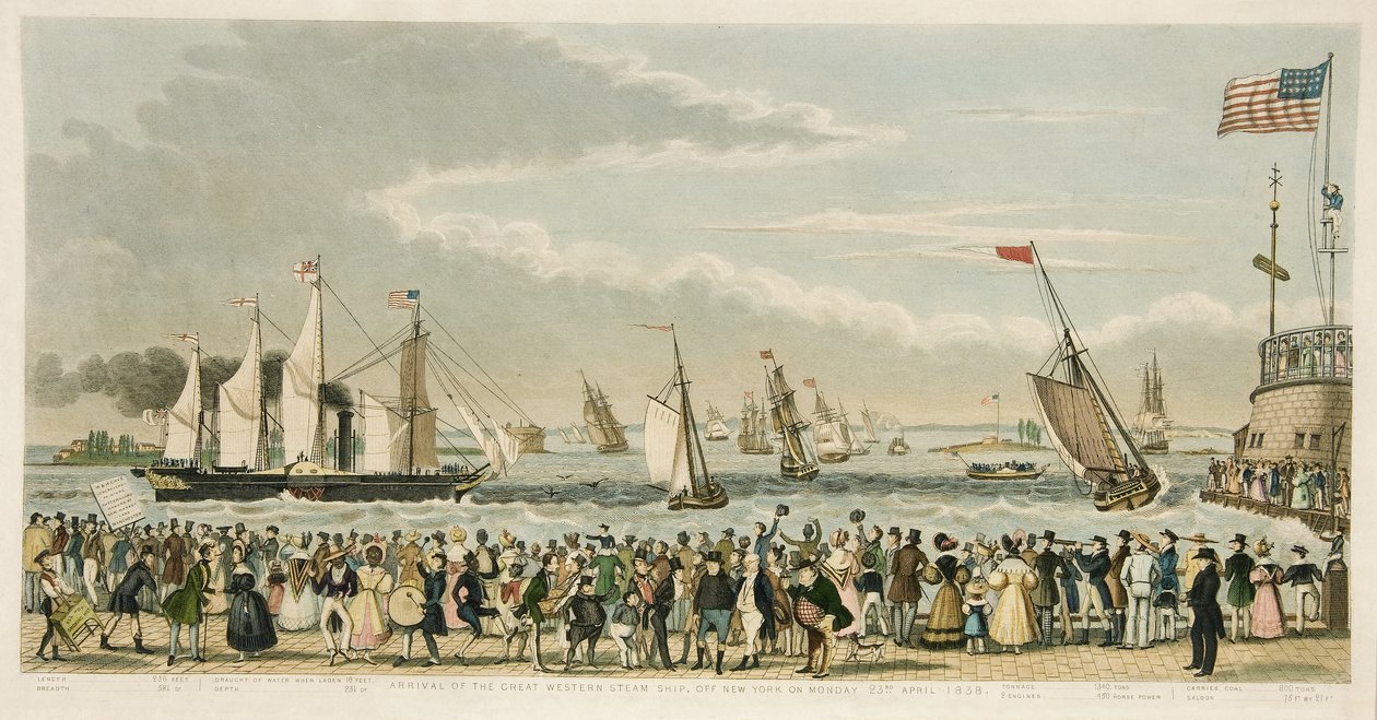 وصول السفينة البخارية الغربية الكبرى ، قبالة نيويورك يوم الاثنين 23 أبريل 1838 ، الحانة. 1842 (نقش يدوي) بواسطة إسحاق روبرت كروكشانك