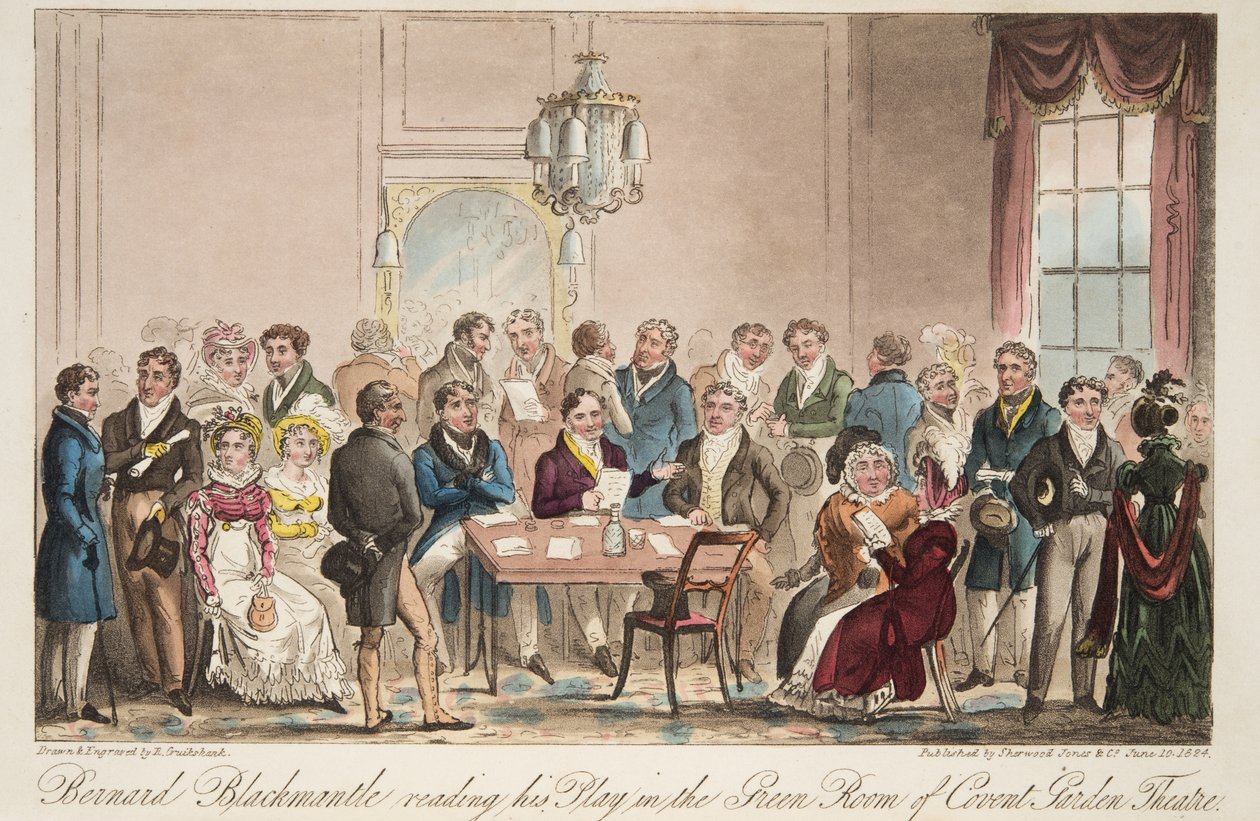 برنارد بلاكمانتل يقرأ مسرحيته في الغرفة الخضراء لمسرح كوفنت جاردن ، من The English Spy ، حانة. 1824 (نقش يدوي) بواسطة إسحاق روبرت كروكشانك