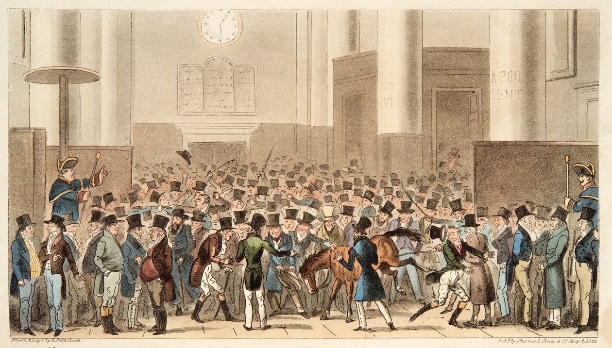 أصبح Bulls and Bears in High Bustle ، أو Billy Wrights Poney عضوًا في البورصة ، من The English Spy ، pub. 1824 (نقش يدوي) بواسطة إسحاق روبرت كروكشانك