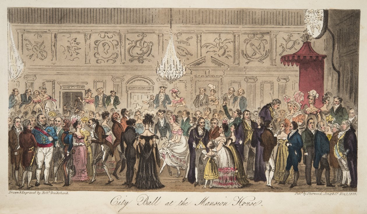 City Ball في Mansion House ، من The English Spy ، حانة. 1824 (نقش يدوي) بواسطة إسحاق روبرت كروكشانك