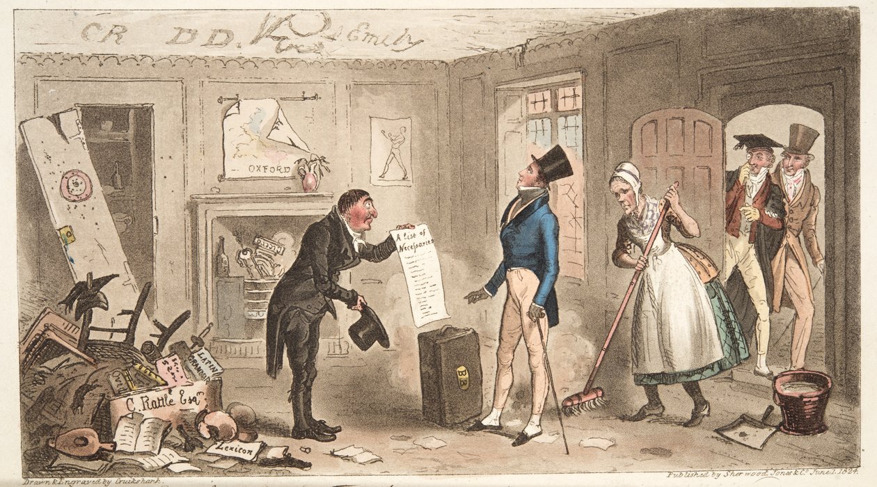 College Comforts ، طالبة تستحوذ على غرفه ، من The English Spy ، حانة. 1824 (نقش يدوي) بواسطة إسحاق روبرت كروكشانك
