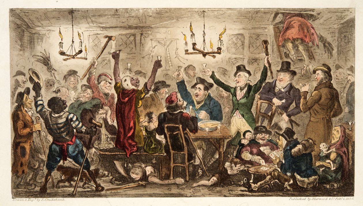 الحراس يرفعون في كادجرز كين ، من The English Spy ، حانة. 1824 (نقش يدوي) بواسطة إسحاق روبرت كروكشانك