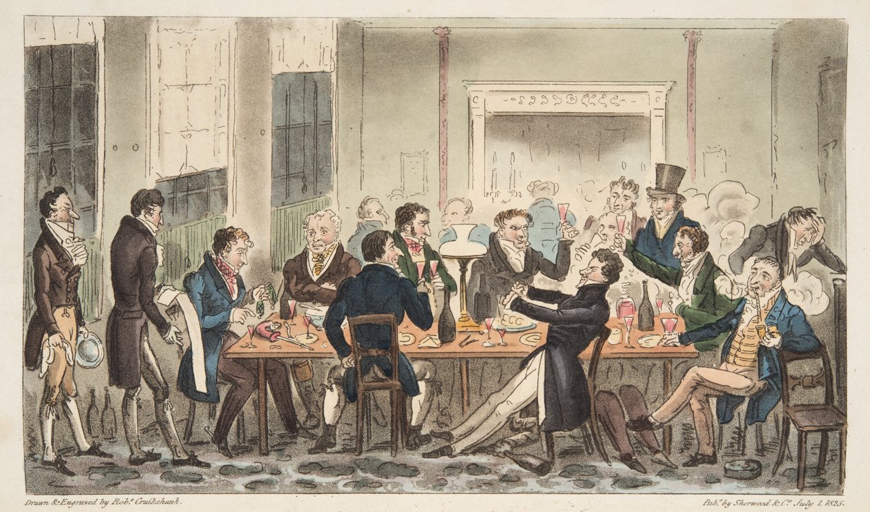 في المساء وفي حي معنويات عالية ، مشهد في فندق Longs ، شارع Bond ، من The English Spy ، حانة. 1824 (نقش يدوي) بواسطة إسحاق روبرت كروكشانك