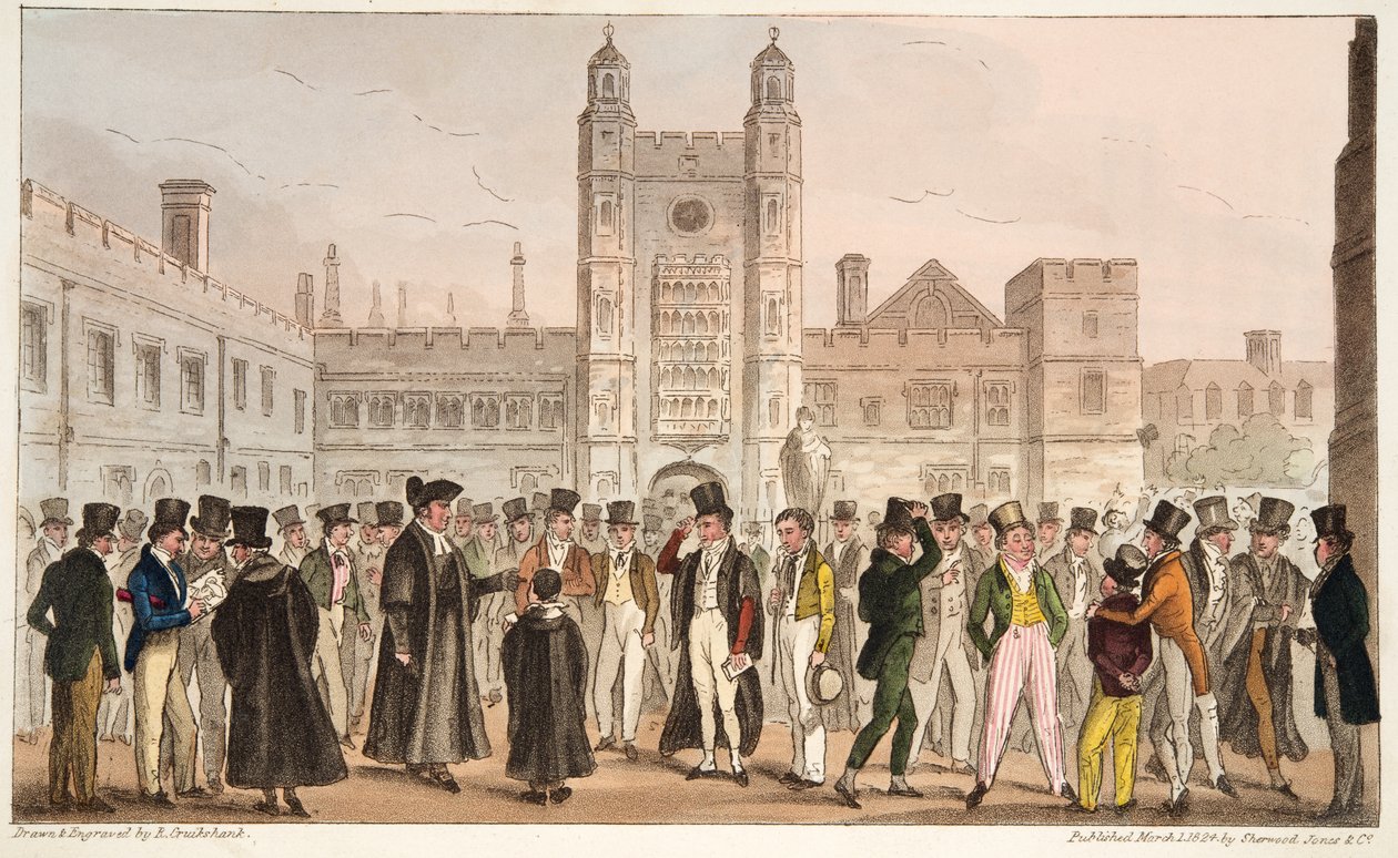 الغياب الأول ، أو إيتونز ردينغ رول الصباح ، من الجاسوس الإنجليزي المنشور عام 1824 (النقش الملون باليد) بواسطة إسحاق روبرت كروكشانك