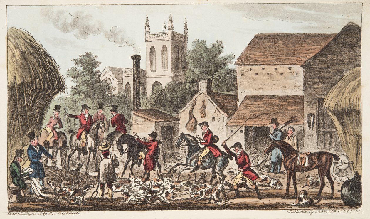 يخرج؛ منظر لبيركلي هانت بيت ، من الجاسوس الإنجليزي المنشور عام 1824 ، (النقش اليدوي) بواسطة إسحاق روبرت كروكشانك