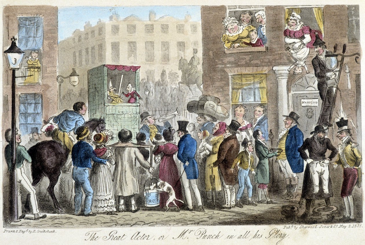 Guignol في شوارع لندن - في "" الجاسوس الإنجليزي "بقلم C.Molloy Westmacott، Ill. بقلم روبرت جروكشاند ، شيروود ، لندن بواسطة إسحاق روبرت كروكشانك