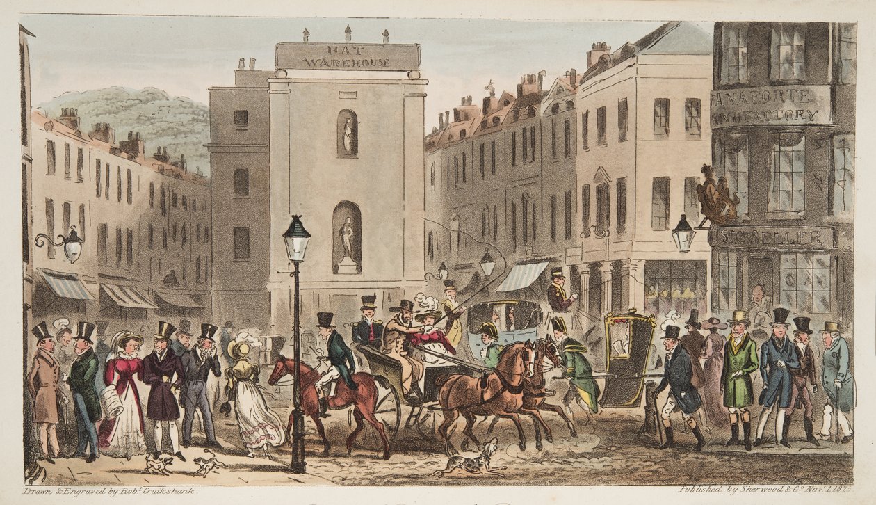 Milsom Street & Bond Street with Portraits of Bath Swells ، من The English Spy ، لندن المنشورة ، 1824 (النقش اليدوي) بواسطة إسحاق روبرت كروكشانك