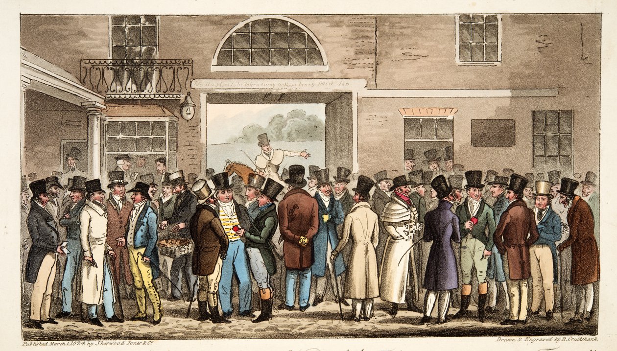 الاثنين بعد القديس العظيم ليجيه ، أو أبطال العشب يدفعون ويستلمون في Tattersalls ، من The English Spy ، حانة. 1824 (نقش يدوي) بواسطة إسحاق روبرت كروكشانك