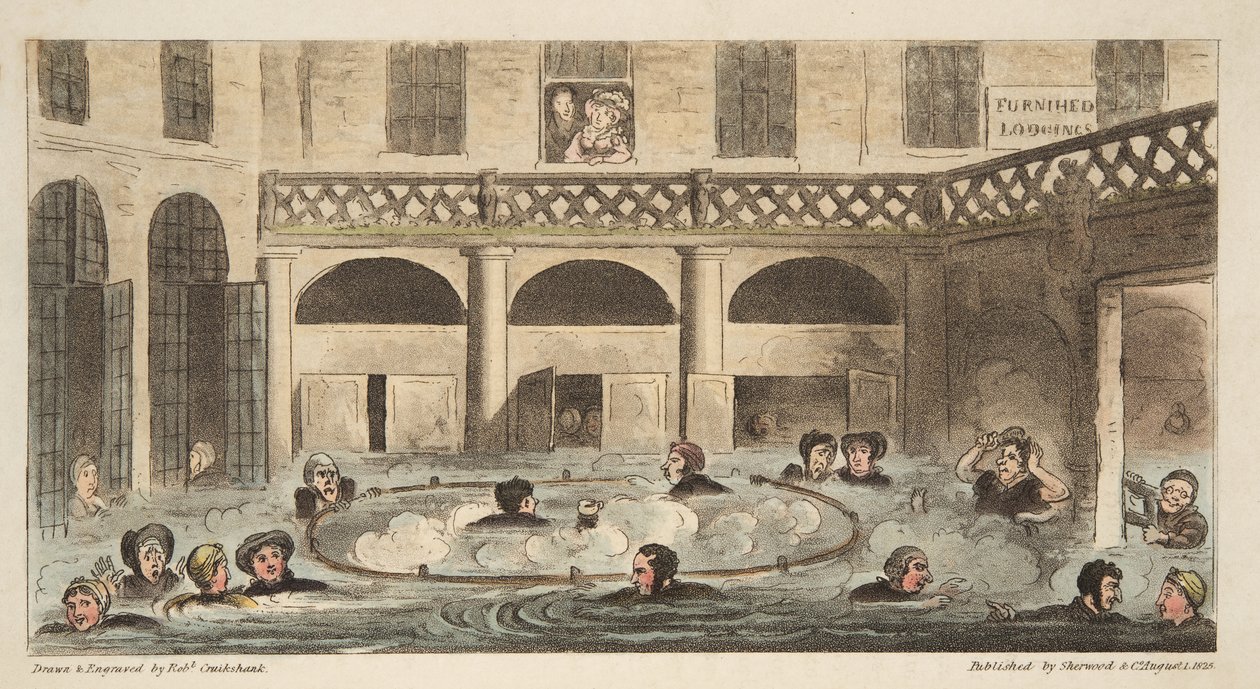 الاستحمام العام في باث أو ستروينج على قيد الحياة ، من The English Spy ، حانة. 1824 (نقش يدوي) بواسطة إسحاق روبرت كروكشانك