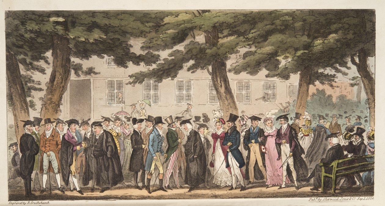 عرض الأحد ، عرض في الممشى الواسع ، Christ Church Meadows ، أكسفورد ، من The English Spy ، حانة. 1824 (نقش يدوي) بواسطة إسحاق روبرت كروكشانك