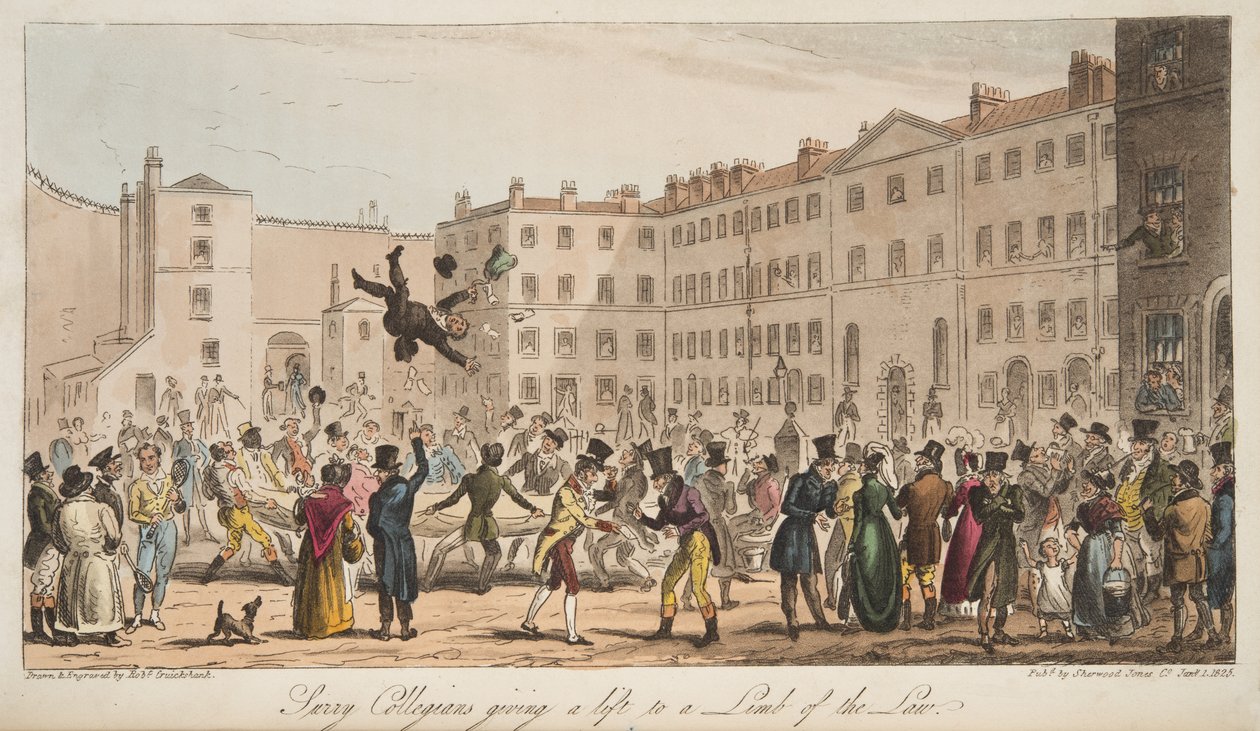 Surrey Collegians يعطي دفعة إلى أحد أطراف القانون ، من The English Spy ، لندن المنشورة ، 1824 بواسطة إسحاق روبرت كروكشانك